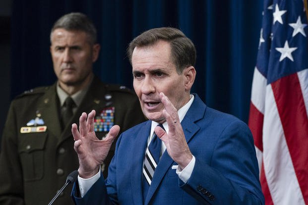 John Kirby with U.S. Army Maj. Gen. William Taylor, speaks on the situation in Afghanistan 