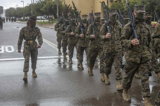 Recruits wearing face masks at Marine Corps Recruit Depot, San Diego