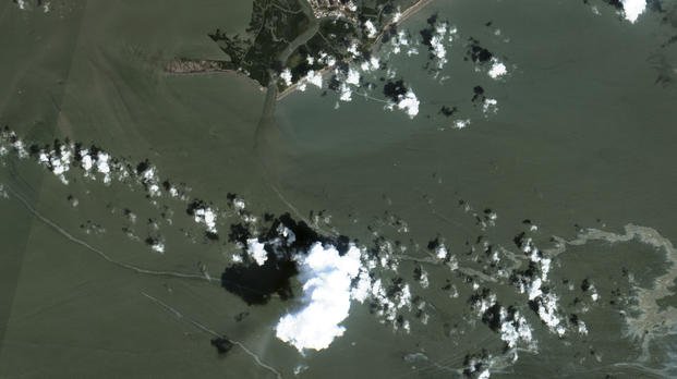 A satellite image shows an oil slick south of Port Fourchon, La. 