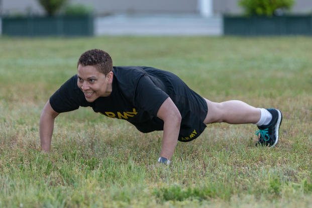 Soldier does push-ups during the Army physical fitness test.