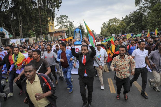 Ethiopians protest outside the U.S. embassy in the capital Addis Ababa, Ethiopia.