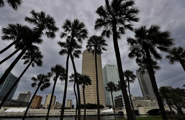 Storm clouds shroud the downtown skyline Tampa, Florida