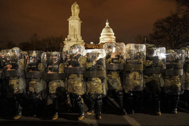 The District of Columbia National Guard stand outside the Capitol.