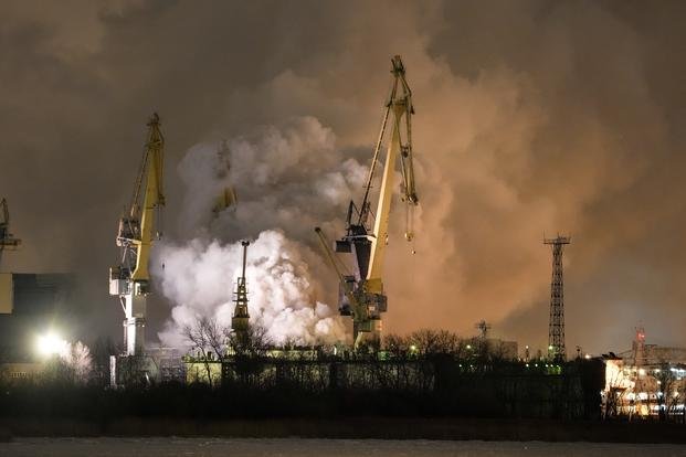 The Provorny corvette being built for the Russian Navy is engulfed by fire