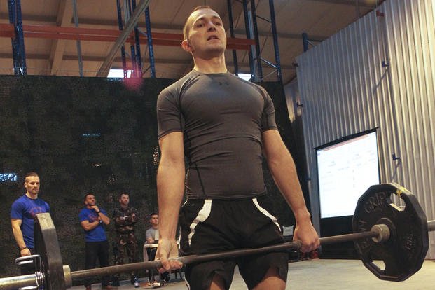 A Hungarian soldier does a deadlift during a Spartan 300 challenge.