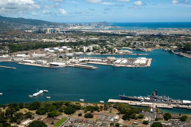 An aerial view of the USS Arizona and USS Missouri Memorials