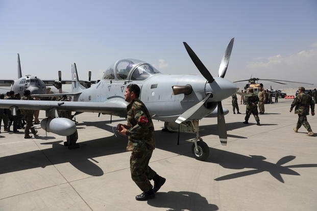 A-29 Super Tucano planes on display at airport in Kabul, Afghanistan