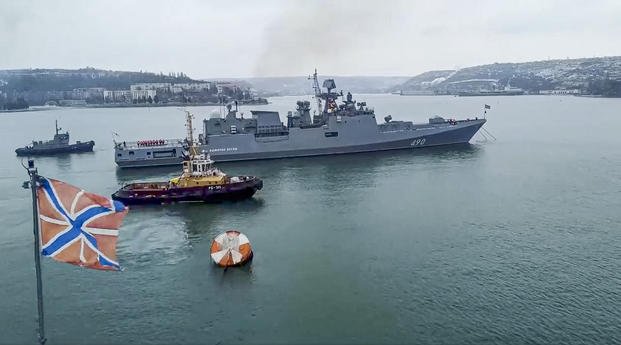 Russian navy's frigate Admiral Essen prepares to sail off for an exercise in the Black Sea
