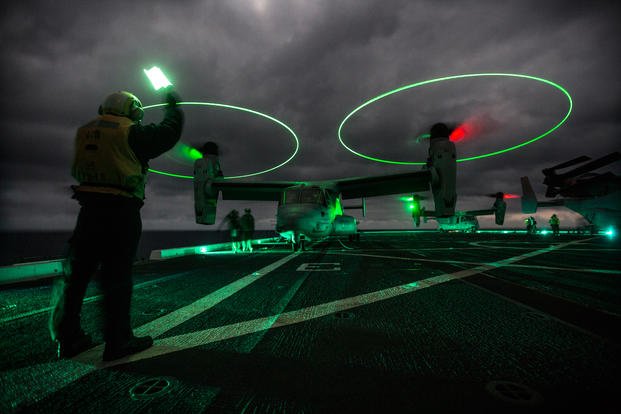 MV-22B Ospreys with Medium Tilt Rotor Squadron 166 Reinforced take off from the USS New Orleans