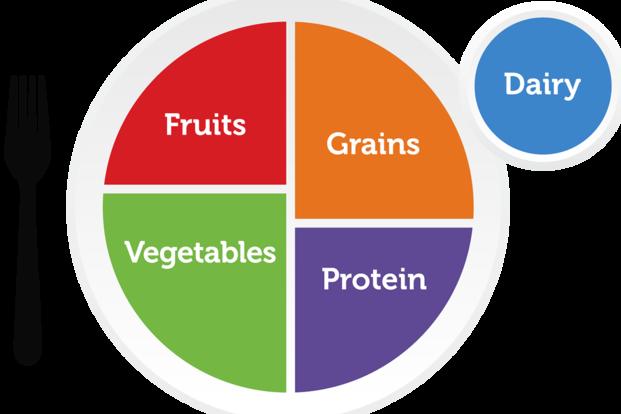 The MyPlate.gov website now describes the recommended food portions of fruits, vegetables, grains, proteins and dairy as basically a pie chart.