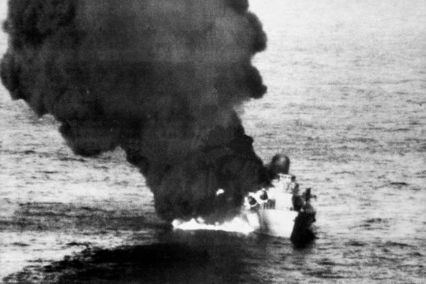 A Libyan Nanuchka-class corvette burning in the Gulf of Sidra