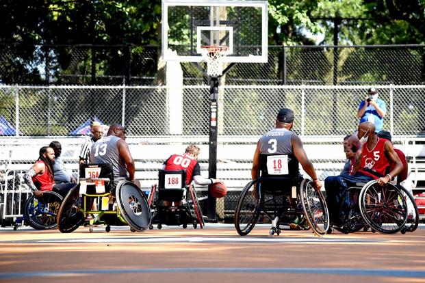 Wheelchair basketball game at the 2021 National Veterans Wheelchair Games.