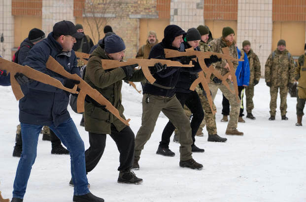 Members of Ukraine's Territorial Defense Forces, volunteer military units of the Armed Forces, train close to Kyiv, Ukraine