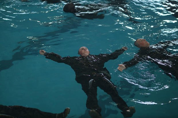 Marine recruits conduct swim qualifications at Parris Island.