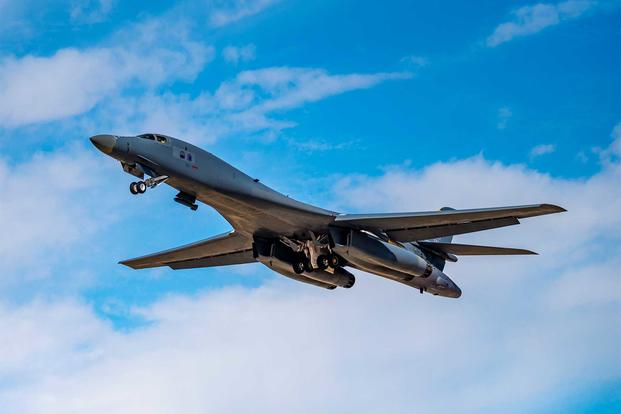 A B-1B Lancer takes off at Dyess Air Force Base, Texas.