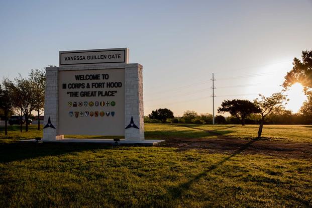 The sun rises at the Vanessa Guillén gate at Fort Hood, Texas.