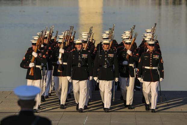 U.S. Marines during a Sunset Parade at the Lincoln Memorial.