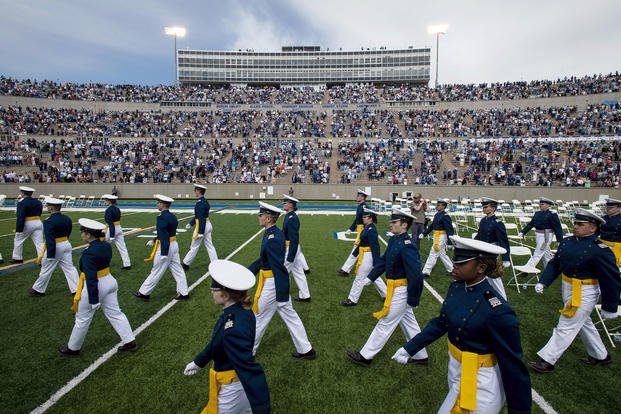 Air Force Academy cadets make their way to their seats during the 2021 graduation ceremony.