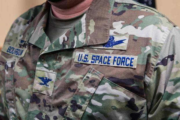 A detailed photo of new U.S. Space Force patches.