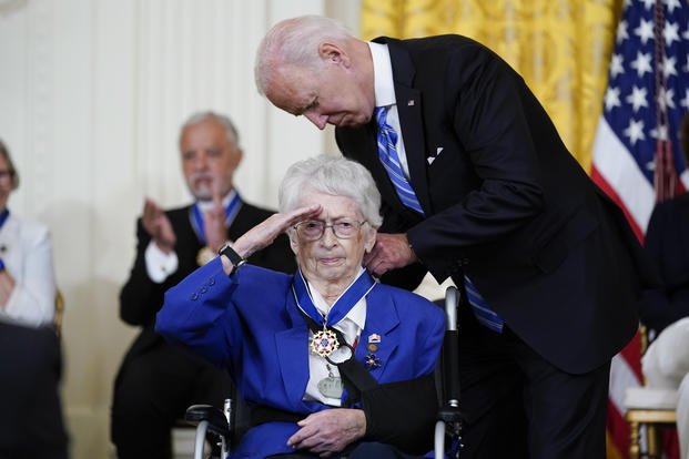 President Joe Biden awards Presidential Medal of Freedom to Wilma Vaught.