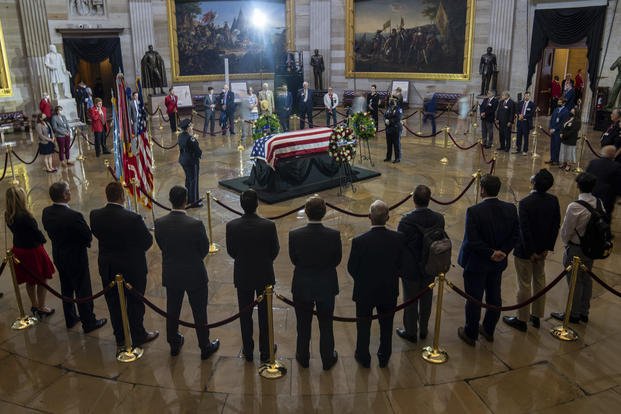 Casket of Hershel W. “Woody” Williams lies in honor in the U.S. Capitol Rotunda.
