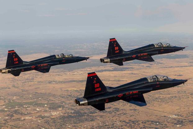 T-38 Talons conduct a flyover for the Lamar Hunt U.S. Open Cup semifinals.