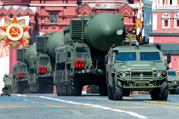 Russian RS-24 Yars ballistic missiles during Victory Day military parade.