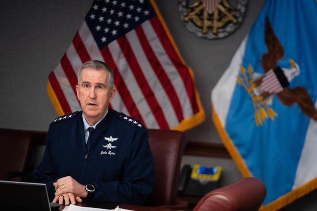 Vice Chairman of the Joint Chiefs of Staff Air Force Gen. John E. Hyten speaks to service members virtually during the Strategic Leader Series event at the Pentagon.