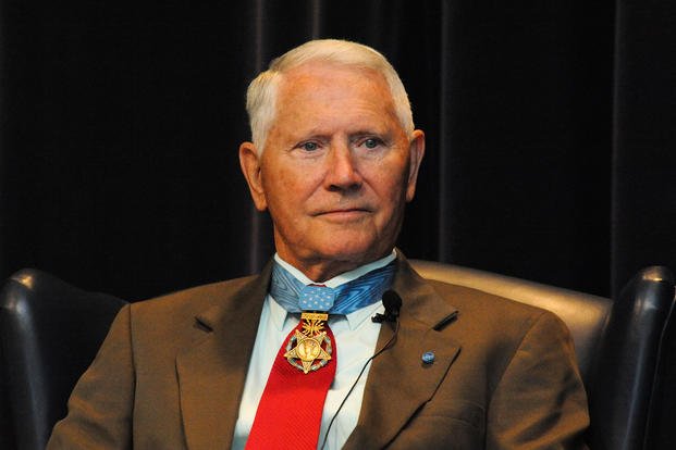 Medal of Honor recipient and Vietnam POW, retired USAF Col. Leo Thorsness appears on the 2012 Gathering of Eagles panel at the Air Command and Staff College Wood auditorium at Maxwell Air Force Base, Alabama.
