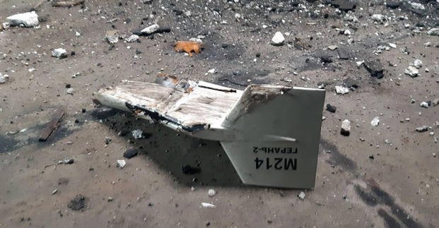 wreckage of what Kyiv has described as an Iranian Shahed drone downed near Kupiansk, Ukraine