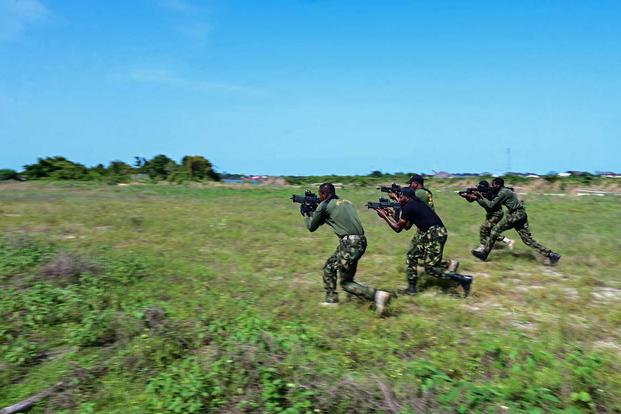 U.S. troops teach the Nigerian Navy Special Forces tactical movements.
