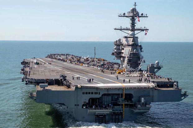 USS Gerald R. Ford transits from Naval Station Norfolk into the Atlantic Ocean.