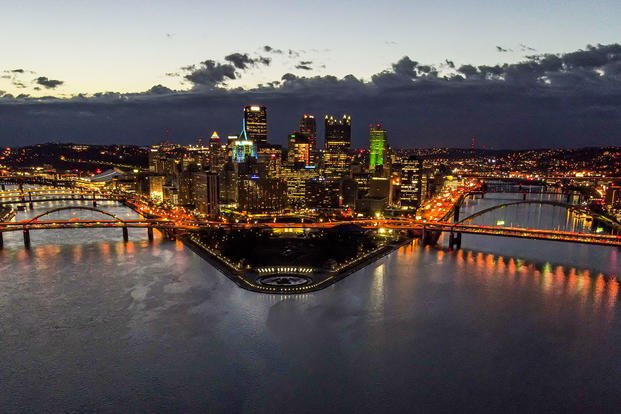 A view of the city of Pittsburgh at the confluence before sunrise.