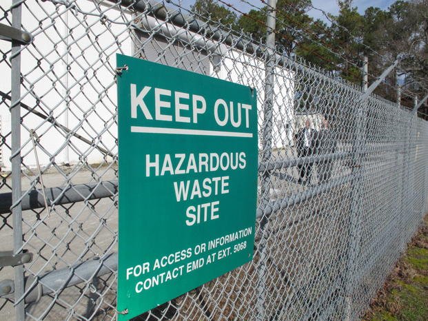 Sign cautions visitors on the Marine base at Camp Lejeune.