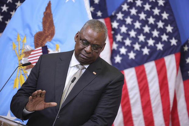 U.S. Secretary of Defense Lloyd J. Austin III gestures as he speaks during a media conference