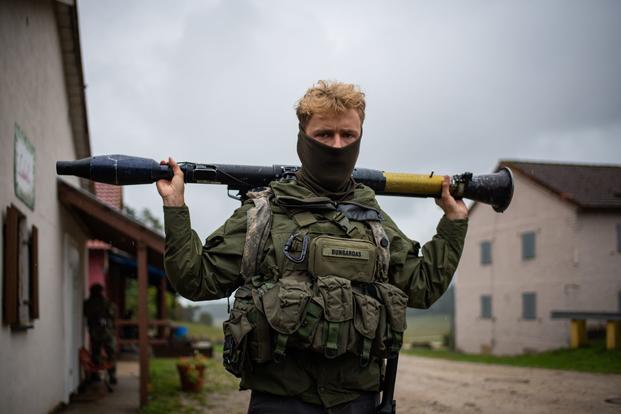 A Lithuanian soldier carries a RPG-7 as part of Exercise Saber Junction 22 in Germany. 