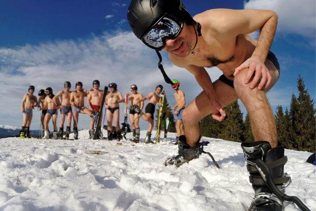 group of cold skiers in bathing suits feel overexposed like veteran jobhunters