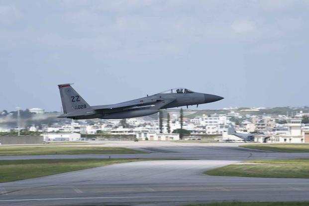 A U.S. Air Force F-15C Eagle takes off from Kadena. Air Force Base.
