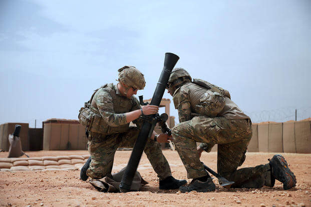 Soldiers deployed to At-Tanf Garrison, Syria, aim an 81 mm mortar weapon system during a readiness exercise on April 22, 2020.