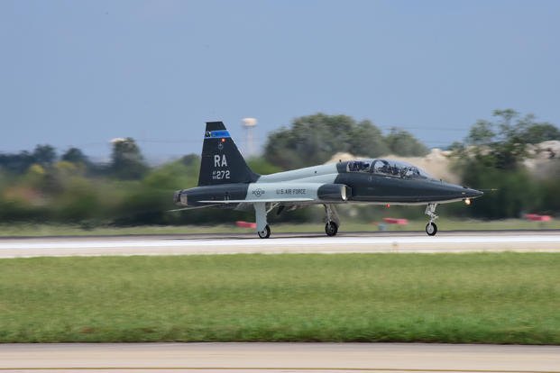 A T-38C Talon takes off from the east runway at Joint Base San Antonio-Randolph, Texas.