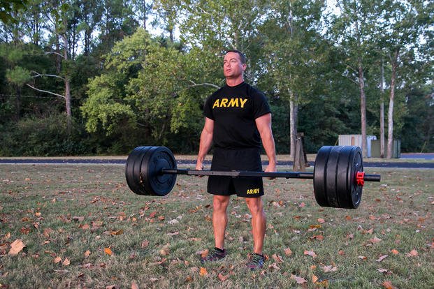 Maj. Bart Brimhall, the deputy product manager for Missile Field Development, executes a deadlift, one of the six events on the new Army Combat Fitness Test.