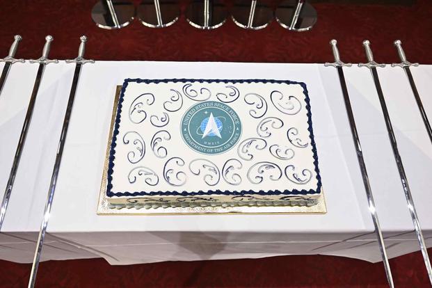 A cake is displayed before the U.S. Space Force’s 3rd birthday celebration.