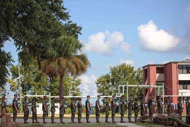 In tRecruits at Marine Corps Recruit Depot Parris Island prepare to evacuate on Sept. 11, 2018, following an evacuation order ahead of Hurricane Florence. 