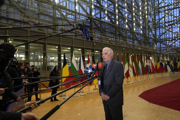 European Union foreign policy chief Josep Borrell speaks with the media