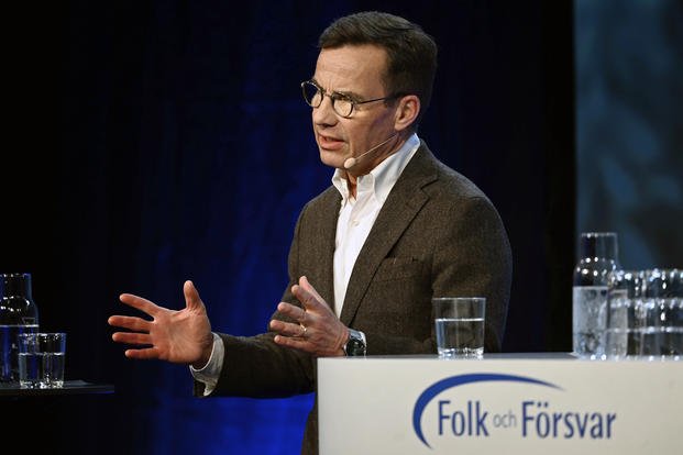 Swedish Prime Minister Ulf Kristersson speaks during the annual Society and Defence Conference