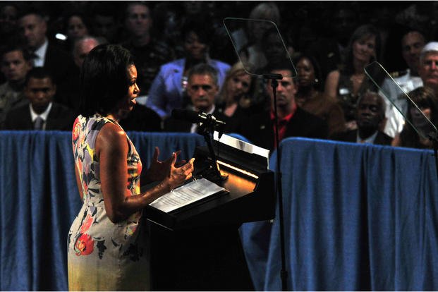 First lady Michelle Obama announces new hiring commitments by the private sector as well as major accomplishments of the Joining Forces initiative during remarks at Naval Station Mayport, Florida.