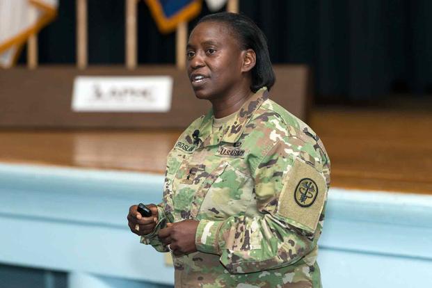 Maj. Gen. Telita Crosland addresses Department of Defense public health professionals during the plenary session of the fourth annual Army Public Health Course at Joint Base McGuire Dix Lakehurst, New Jersey, July 30, 2019. (U.S. Army Photo by Graham Snodgrass)