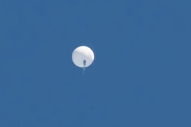 A Chinese spy balloon shortly before it was shot down over Surfside Beach, South Carolina