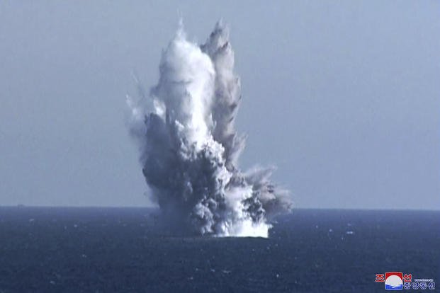 underwater blast of test warhead loaded to an unmanned underwater nuclear attack craft "Haeil"