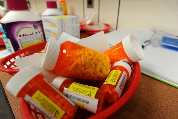 Processed medications await pick up at the pharmacy on Ellsworth Air Force Base, S.D.